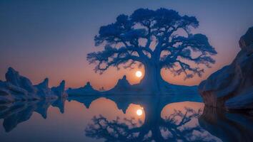 Solitary Tree and Sunset Reflection on Calm Lake Water Landscape photo