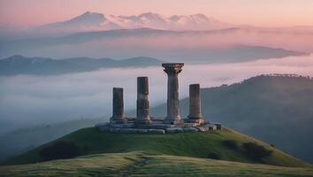 Ancient Columns Stand on Green Hill with Distant Mountain View photo