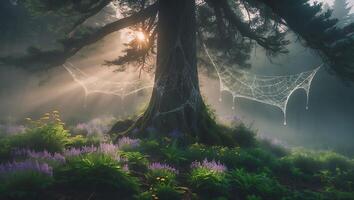 Tree with Cobwebs and Dewdrops in a Misty Forest Glade photo