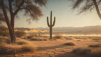Desert Landscape with Cactus and Sand Dunes in Warm Light photo