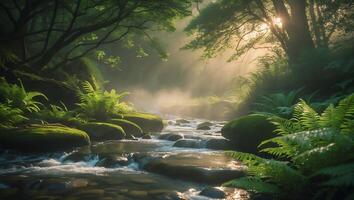 Flowing River Through Misty Forest with Sun Rays and Greenery photo