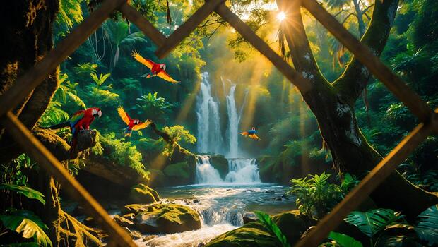 Waterfall and Macaws in Tropical Forest Viewed Through Wooden Frame photo