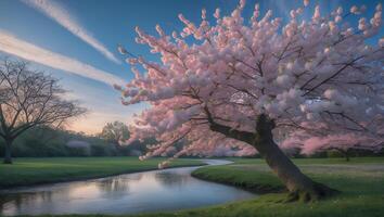 Cherry Blossom Tree Blooming Beside River Under Striped Cloudy Sky photo
