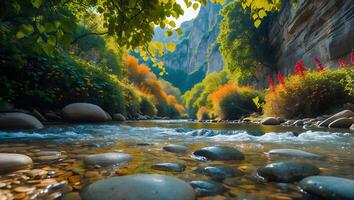 Flowing River with Rocks Through Colorful Canyon in Autumn Scenery photo