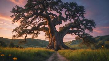 Majestic Old Tree Stands Guard Over a Winding Path at Sunset photo