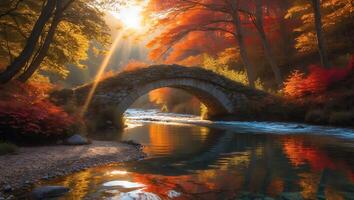 Stone Bridge Over River with Fall Foliage and Sunlight Streaming Through photo