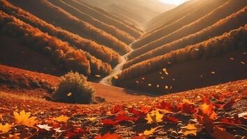 Autumn Landscape with Falling Leaves and Winding Road Through Valley photo