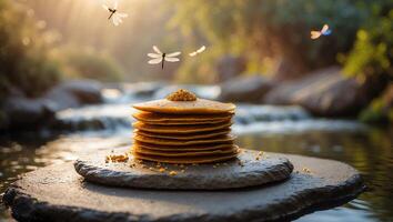Pancake Stack with River and Dragonflies in a Serene Nature Setting photo