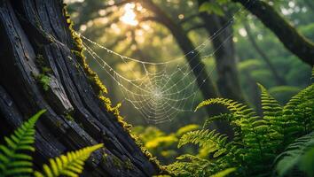 Spiderweb with Dew Drops in a Lush Forest During Sunrise photo