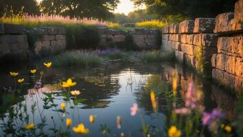 Reflective Pond Surrounded by Stone Walls and Wildflowers at Dawn photo