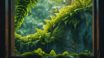 Rain Falling on Ferns Through Window Creating a Natural Retreat photo