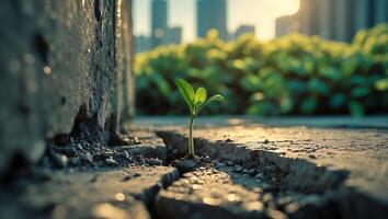 Sprout Growing From Cracked Pavement with Cityscape and Greenery photo