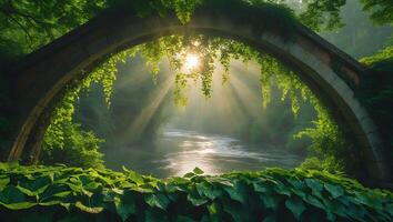Sunlight Streaming Through Green Archway Over Tranquil River photo
