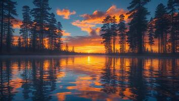 Still Lake Reflecting Colorful Sunset Sky with Tall Trees Silhouettes photo