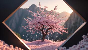 Blooming Cherry Tree with Petals Falling Mountains and Sunset View photo