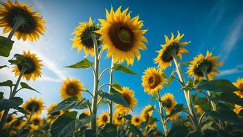 Sunflower Field Blooming Under Bright Blue Sky in Summertime photo