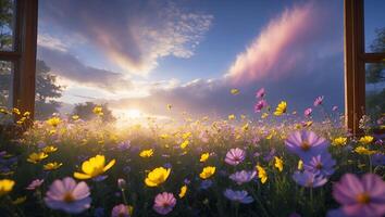 Blooming Meadow View Through Window with Sunset and Pastel Clouds photo
