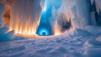 Exploring a Snowy Ice Cave with Stunning Icicles and Blue Light photo
