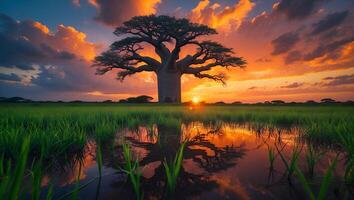 Solitary Tree Reflecting in Water at Dusk with Fiery Sky photo