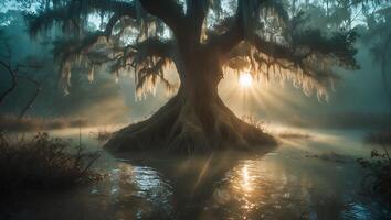 Standing Tree in Swamp Water with Sunlight Shining Through Branches photo