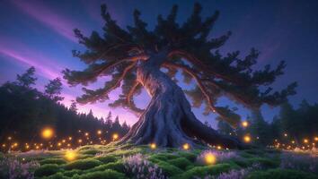 Majestic Tree Standing Tall in Enchanted Meadow at Twilight photo