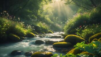 Stream Flowing Through Lush Forest with Sunlight and Mossy Rocks photo