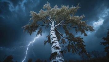 Birch Tree Silhouette Against Dramatic Sky with Lightning Strike photo