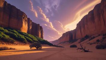 Desert Canyon Landscape with Dramatic Sky and Eroded Sandstone Cliffs photo