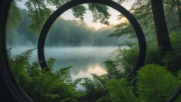 Lake View Through Circle Frame with Ferns and Morning Fog photo