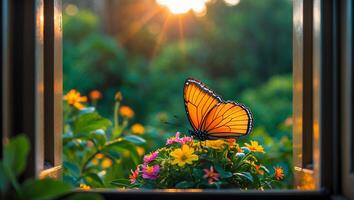 Butterfly Resting on Flowers with Sunlight Streaming Through Window Frame photo