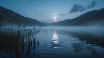 Lake at Night with Fog and Full Moon Reflecting on Water photo