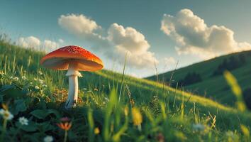 Red Mushroom Growing on Grassy Hillside Under Cloudy Blue Sky photo