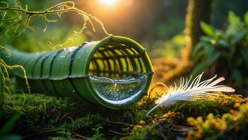 Water Contained in Bamboo Structure with Feather in Forest Setting photo