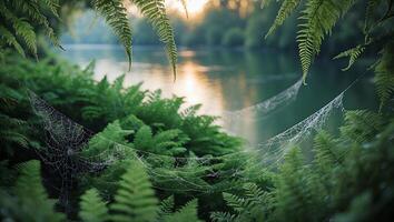 Dewy Spiderweb Hanging Among Ferns Near Still Lake at Sunrise photo