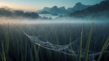 Spiderweb Glistens in Morning Dew Over Field with Distant Mountains photo