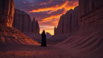 Person Standing in Desert Canyon at Dusk with Dramatic Sky photo