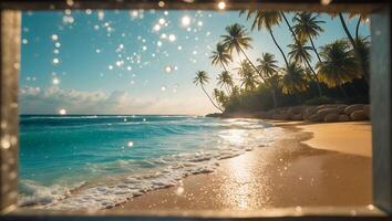 Tropical Beach Scene Through Window with Palm Trees and Ocean Waves photo