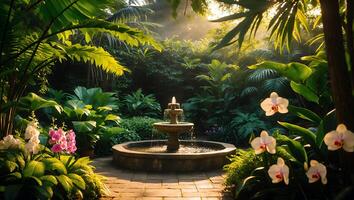 Water Fountain in Lush Garden with Sunlight and Tropical Plants photo