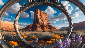 Framed Desert Buttes Landscape with Wildflowers and Cloudy Blue Sky photo