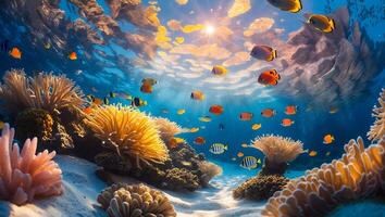 Swimming Underwater Colorful Fish and Coral Reef with Sun Rays photo