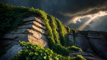 Rocky Cliffside Covered in Green Ivy with Dramatic Skies and Sunrays photo