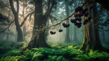 Walking Through Mysterious Foggy Forest with Berries and Green Ferns photo