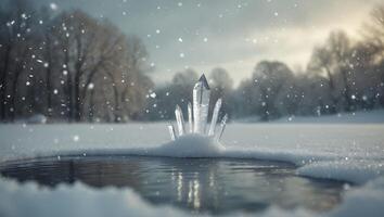Crystals Emerging From Winter Pond Snow Falling in Quiet Scene photo
