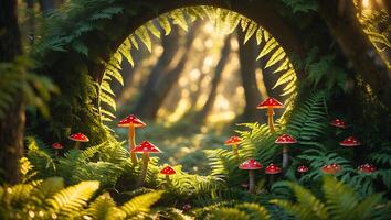 Mushroom Patch and Ferns in Forest with Sunlight Streaming Through photo