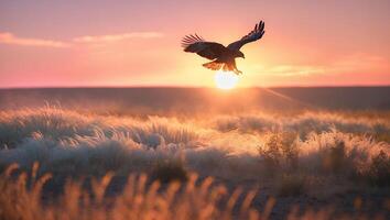 Bird Flying Above Grassland at Sunset with a Warm Orange Glow photo