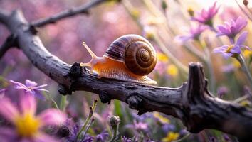 Snail Crawling on a Branch Surrounded by Colorful Flowers in Meadow photo