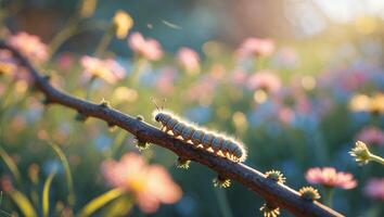 Caterpillar Walking on Branch in Sunny Flower Field photo