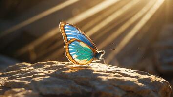 Butterfly Resting on Rock with Sunlight Shining in Background photo