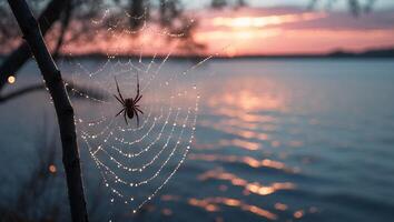 Spider Resting on Dew Covered Web by a Lake at Sunset photo