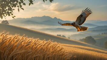 Hawk Flying Over Wheat Field at Sunset with Mountain Views photo